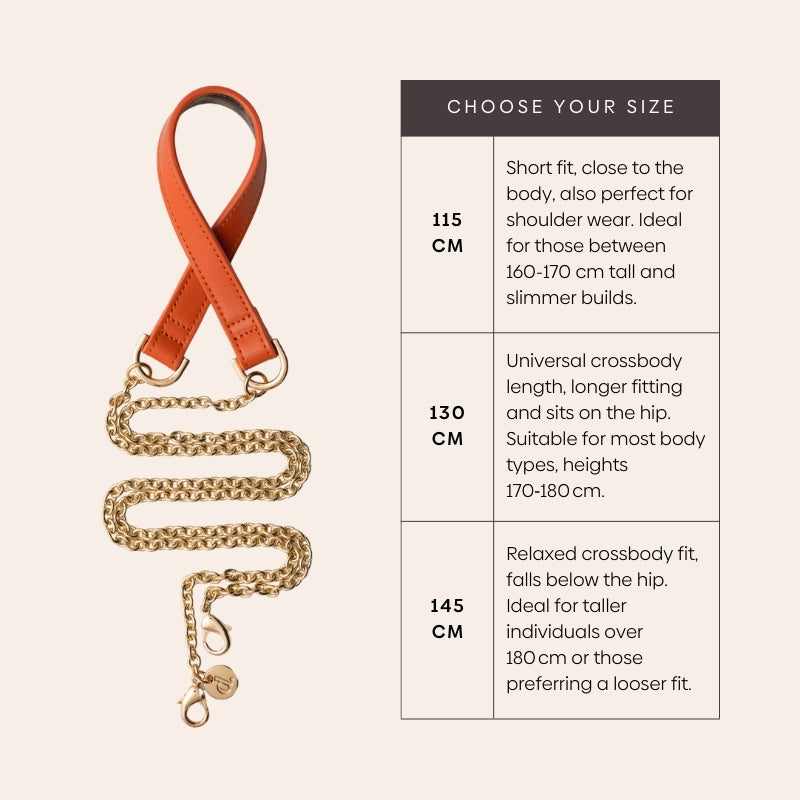 Phone Chain | Spanish | Orange size guide showing 115 cm, 130 cm, and 145 cm options for a perfect fit.