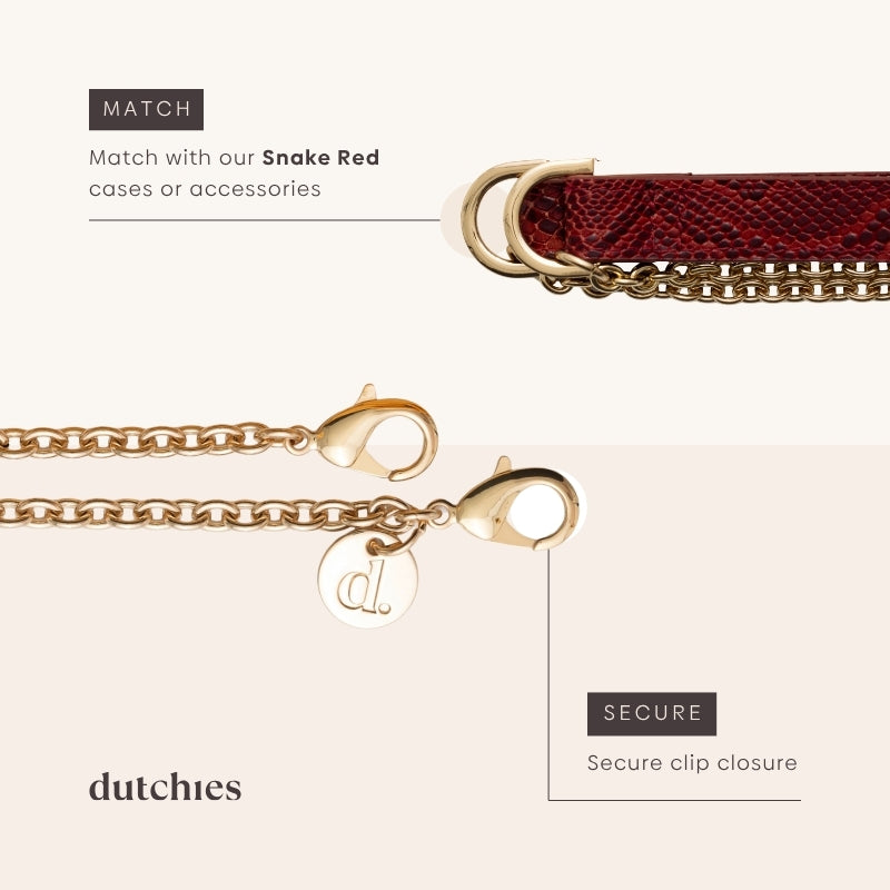 Phone Chain | Spanish | Snake Red close-up showing secure clip and matching accessories.