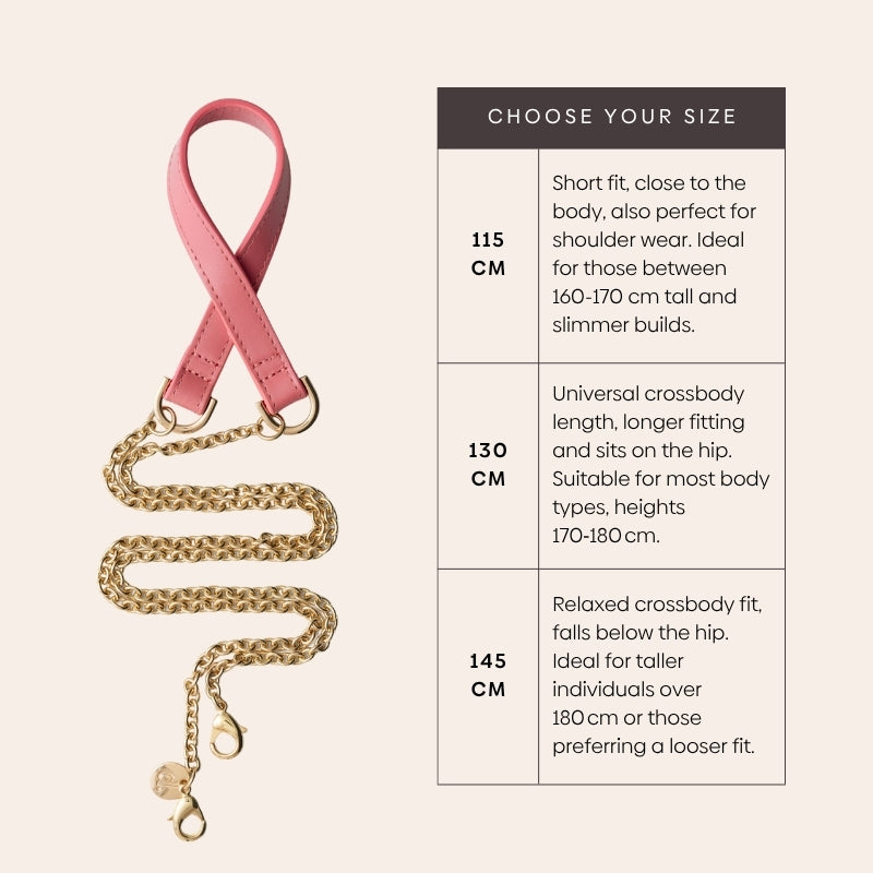 Phone Chain | Spanish | Pink size guide showing 115cm, 130cm, and 145cm options for perfect fit.