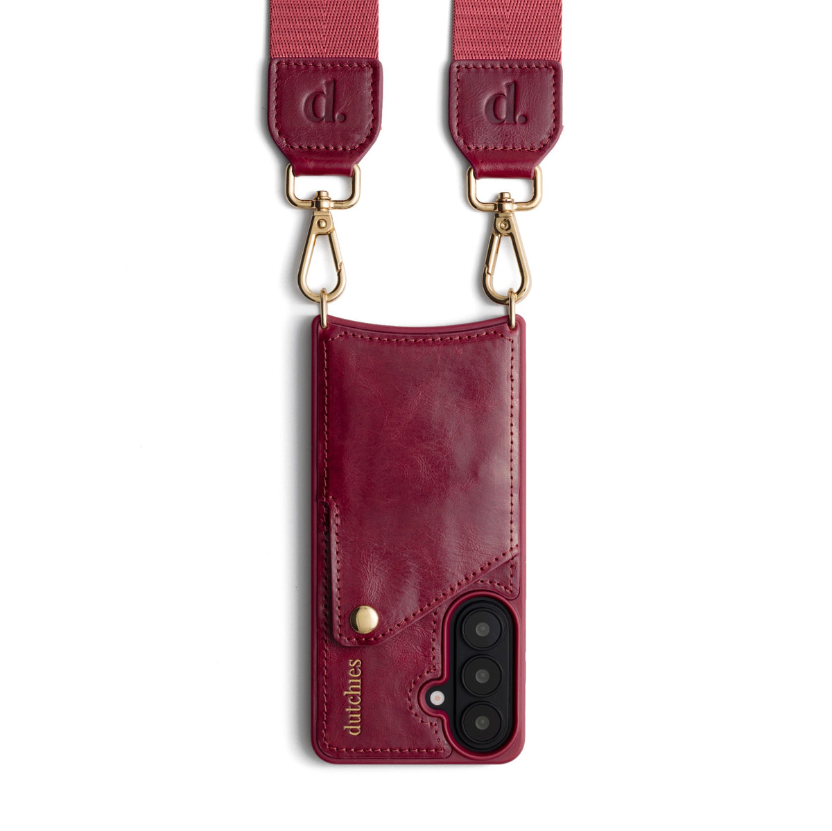 Phone Strap | Basic | Raspberry Red with gold clips and phone case in a stylish design.