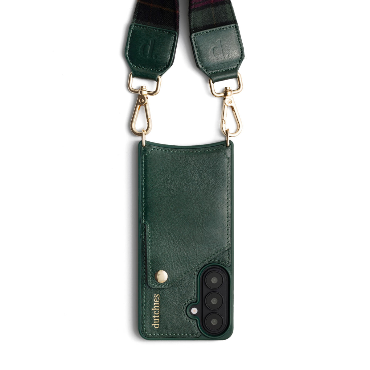 Phone Strap | Charm | Forest Green Tartan attached to a green leather phone case with stylish gold details.