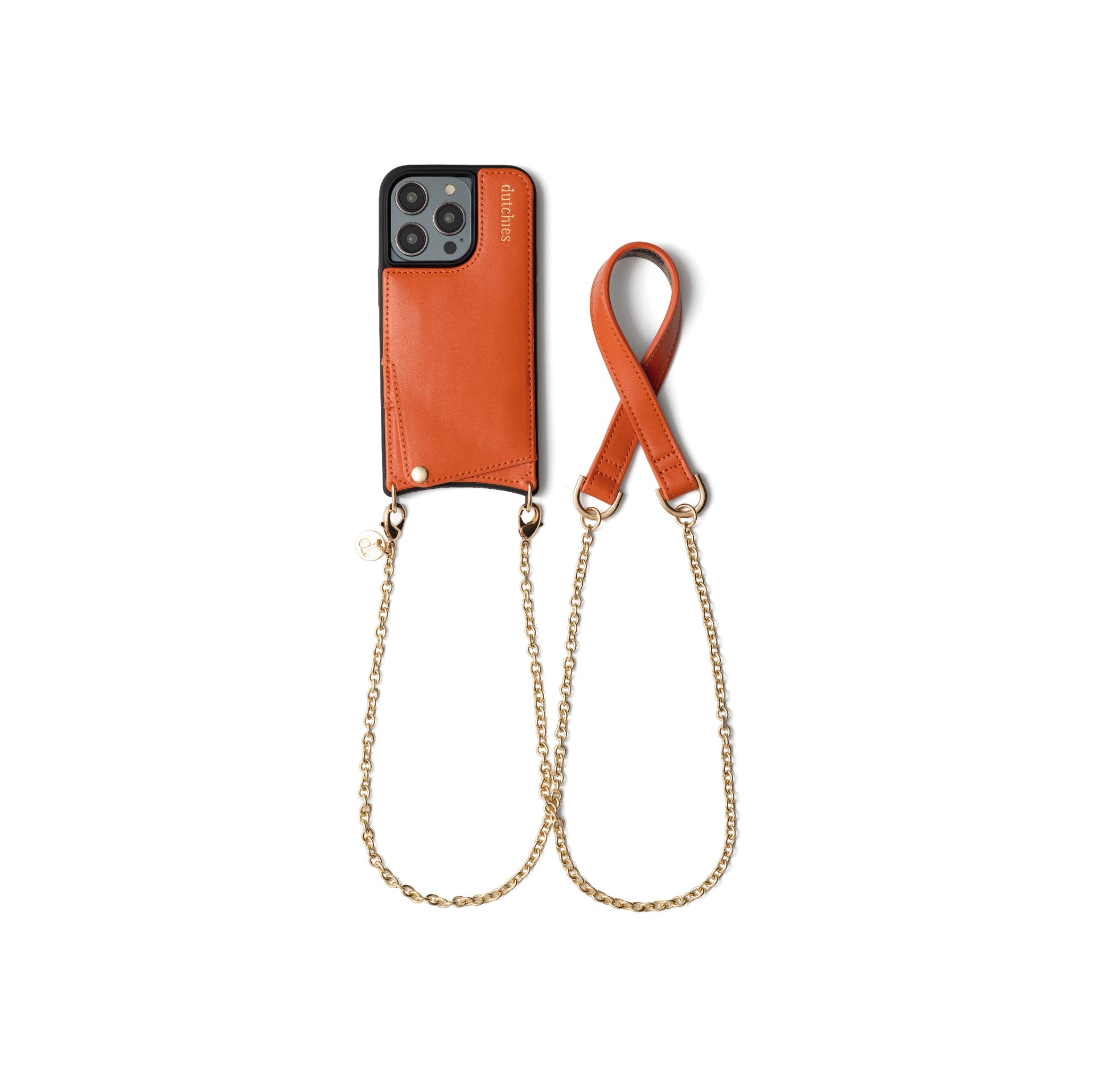 Spanish Chain Set | iPhone | Orange featuring a stylish orange leather case and phone chain for handsfree convenience.