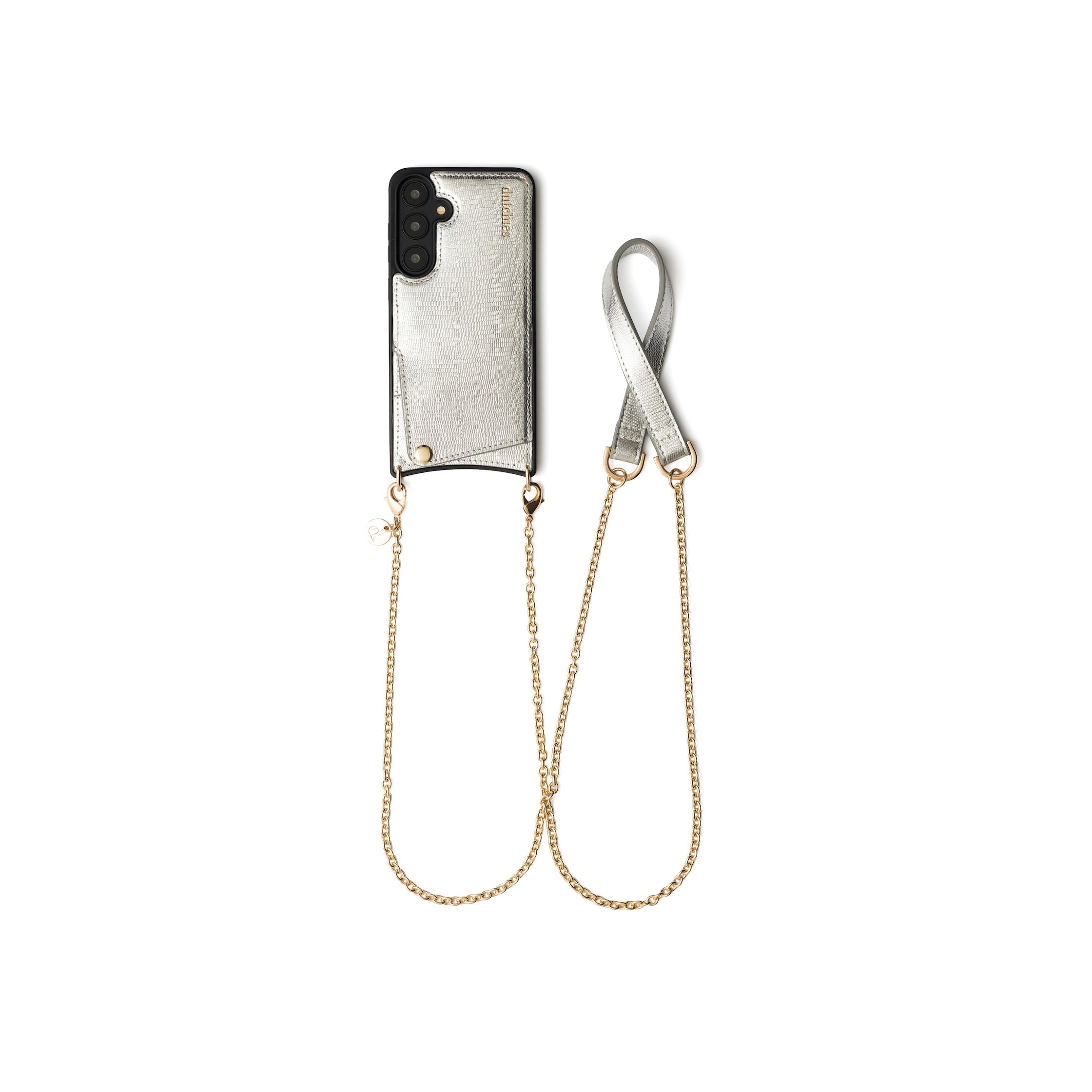 Spanish Chain Set | Samsung | Silvy with gold phone strap and silver case, perfect for handsfree convenience.