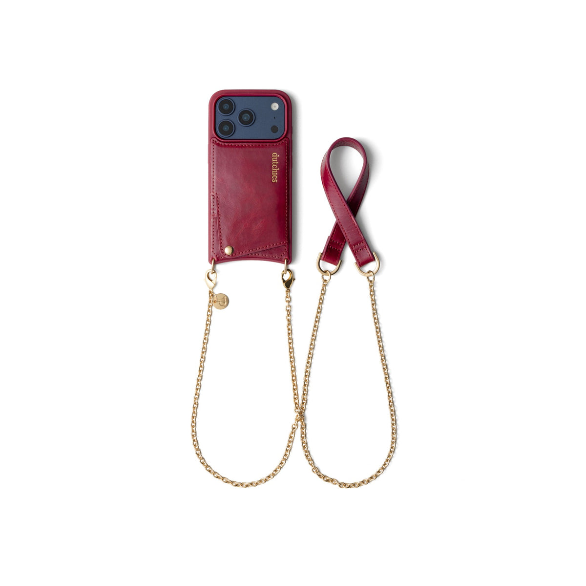 Spanish Chain Set | iPhone | Raspberry Red - Stylish leather phone case with chain for handsfree convenience.