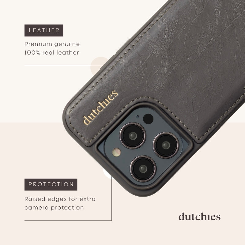 iPhone Case | Graphite Grey showcasing premium genuine leather and raised edges for extra protection.