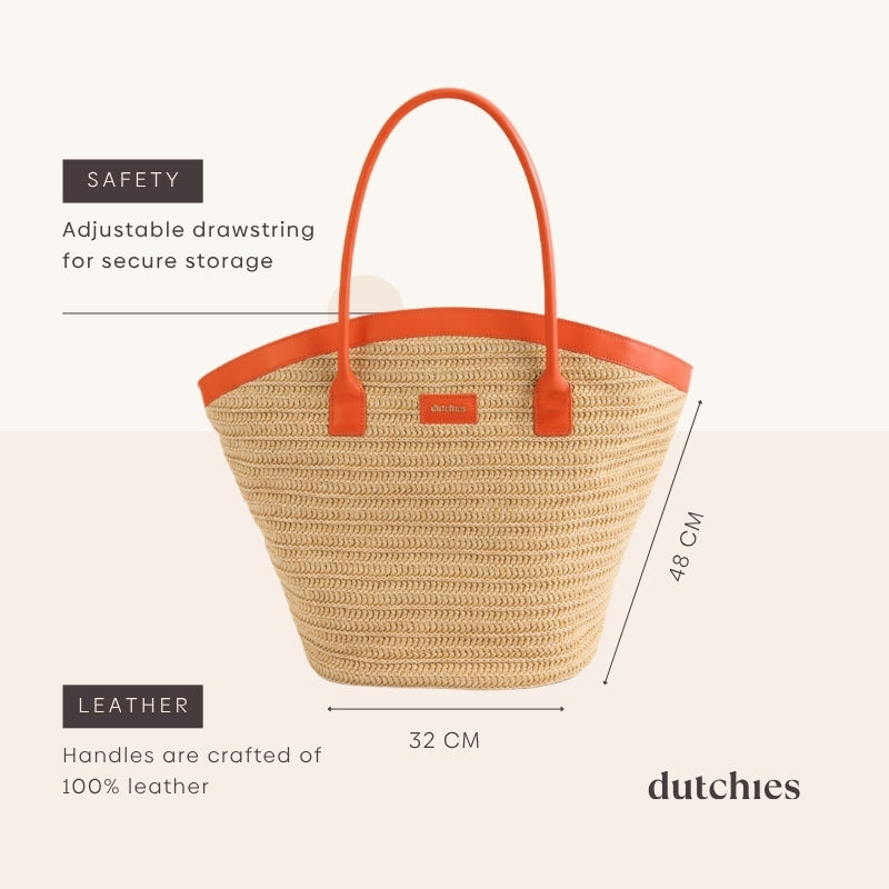 Beach Bag Set | Raffia Orange with adjustable drawstring and leather handles, perfect for summer style!