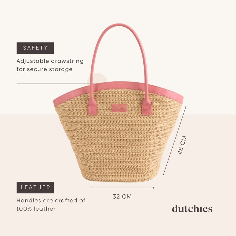Beach Bag Set | Raffia Pink features adjustable drawstring for secure storage and luxurious leather handles.