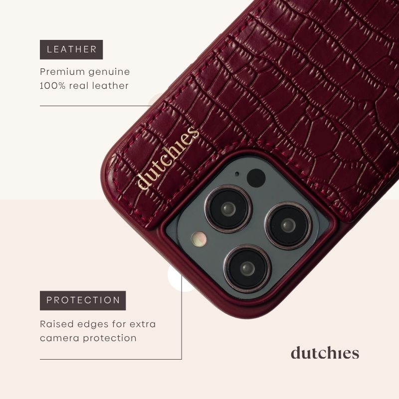 iPhone Case | Burgundy with premium genuine leather and raised edges for extra camera protection.