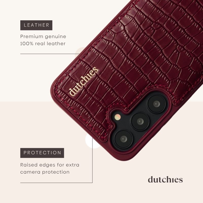 Samsung Case | Burgundy featuring premium genuine leather and raised edges for extra camera protection.