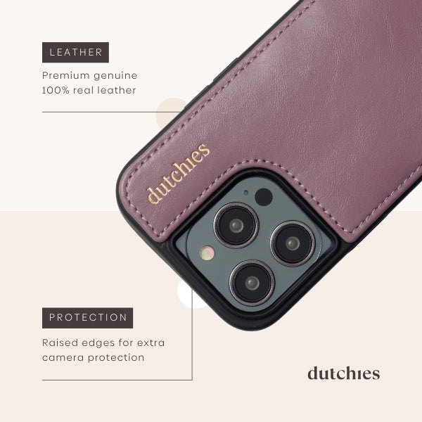 Classic set | iPhone | Mauve - Premium genuine leather case with raised edges for camera protection.