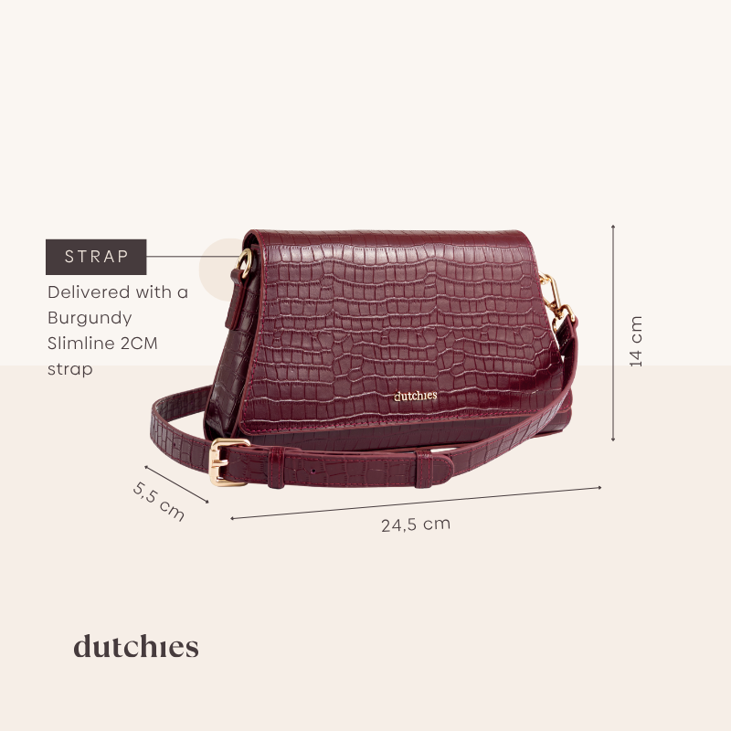 Sophie Crossbody Bag | Burgundy shown with dimensions, featuring a slimline 2cm strap in stylish crocodile texture.