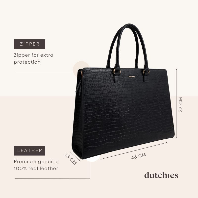 Stylish black laptop bag with zipper for protection, made of premium genuine leather, dimensions 46 cm x 33 cm x 13 cm.