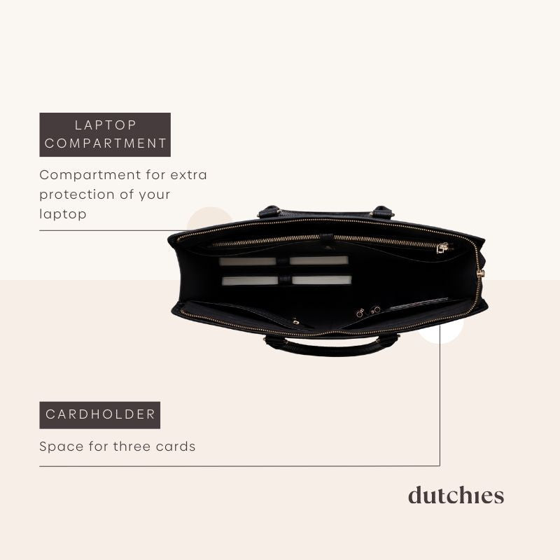 Interior view of a black laptop bag showing laptop compartment and cardholder space for three cards.