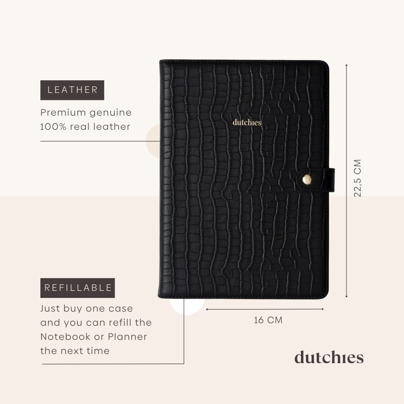 Black leather refillable notebook with textured design and gold details, measuring 22.5 cm x 16 cm, stylish and practical.