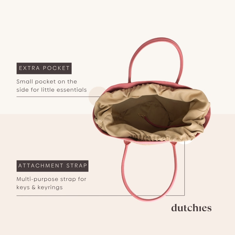 Beach Bag Set | Raffia Pink: Stylish bag interior showcasing extra pocket and attachment strap for keys.