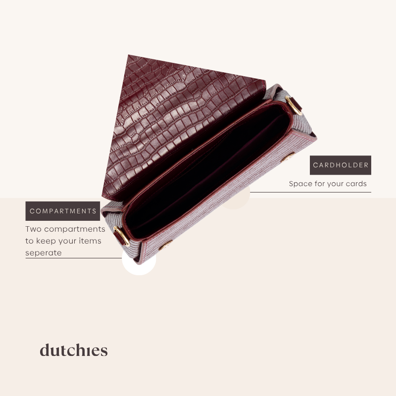 Sophie Crossbody Bag | Burgundy interior view showcasing cardholder and two compartments for organization.