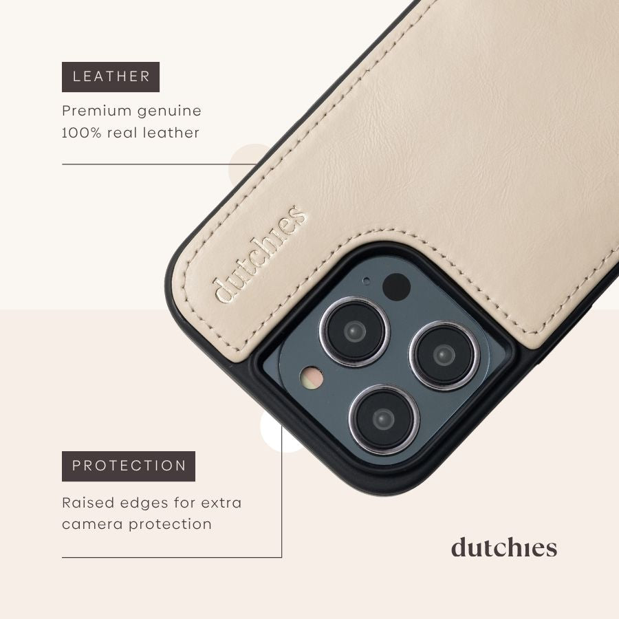 iPhone Case | Vanilla, featuring premium genuine leather and raised edges for extra camera protection.