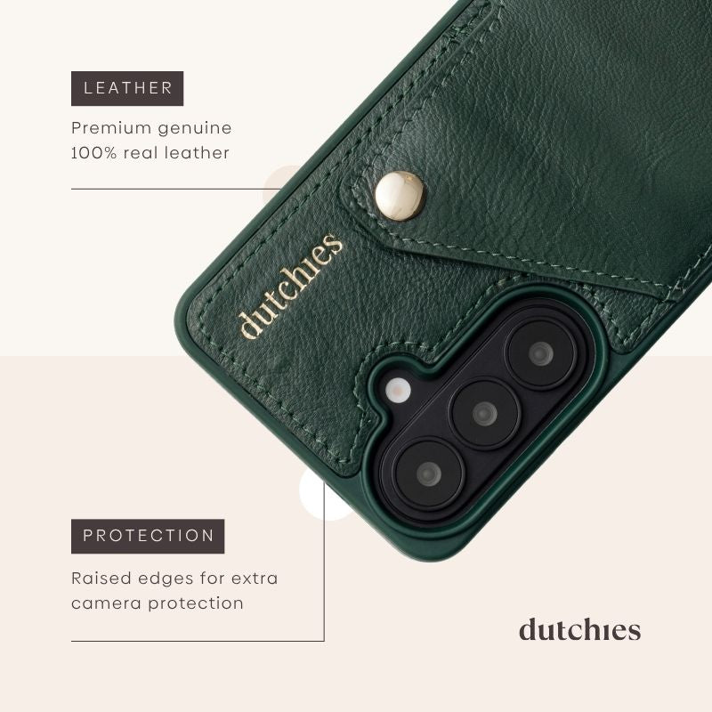 Classic Set | Samsung | Forest Green premium genuine leather phone case with raised edges for camera protection.