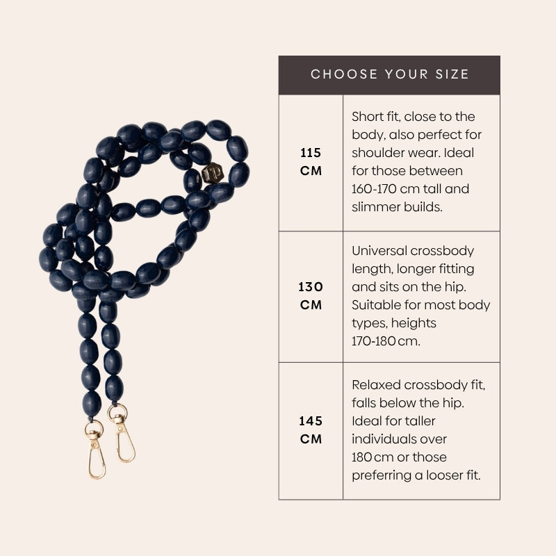 Phone Chain | Beaded | Georgia sizing guide showing 115 cm, 130 cm, and 145 cm lengths for optimal fit.