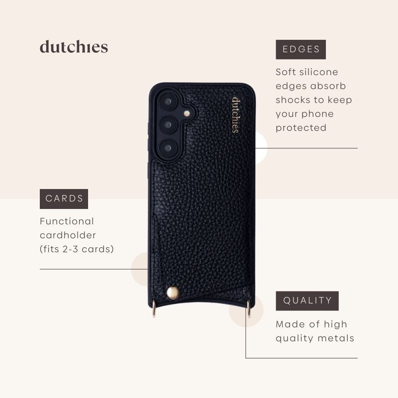 Samsung Case | Black featuring cardholder and shock-absorbing edges for ultimate phone protection.
