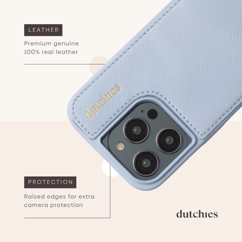 iPhone Case | Blue crafted from premium leather with raised edges for protection and cardholder convenience.