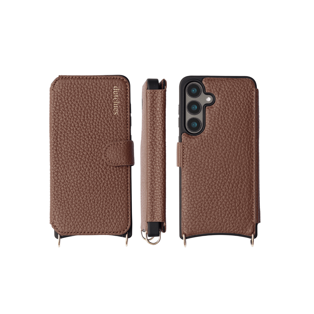 Samsung Wallet Case | Brown, premium leather case offering full protection with snap button closure.