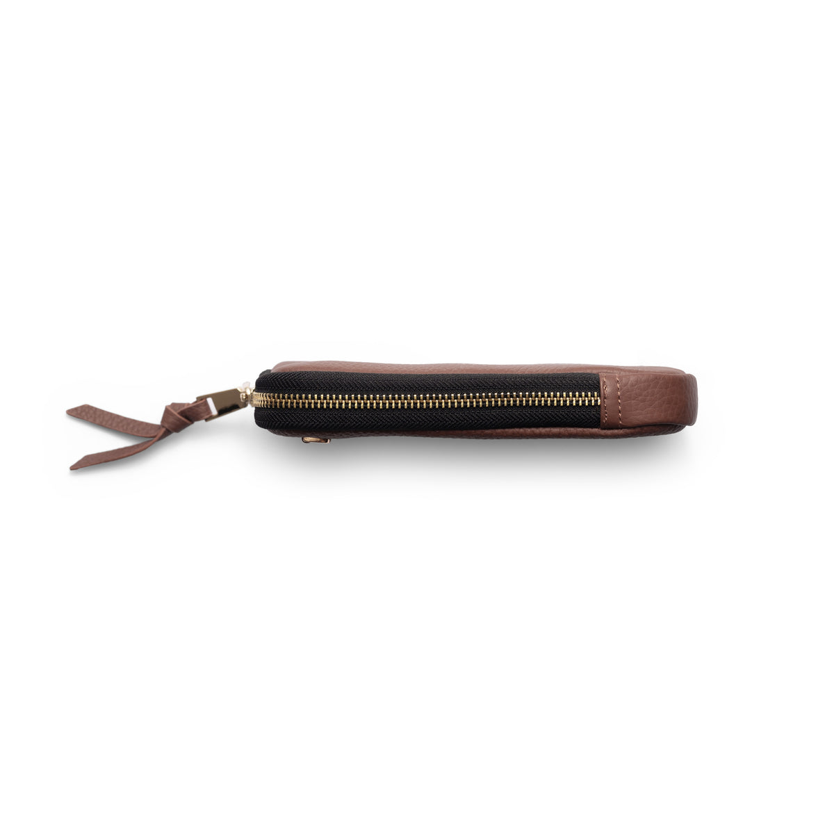 Phone Bag ROSE | Brown zippered leather pouch shown from the side, perfect for essentials.