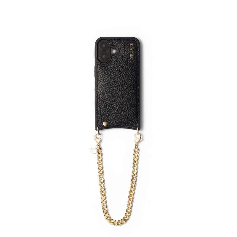 Phone Charm | Gold | French attached to a stylish black phone case, featuring a trendy gold chain.