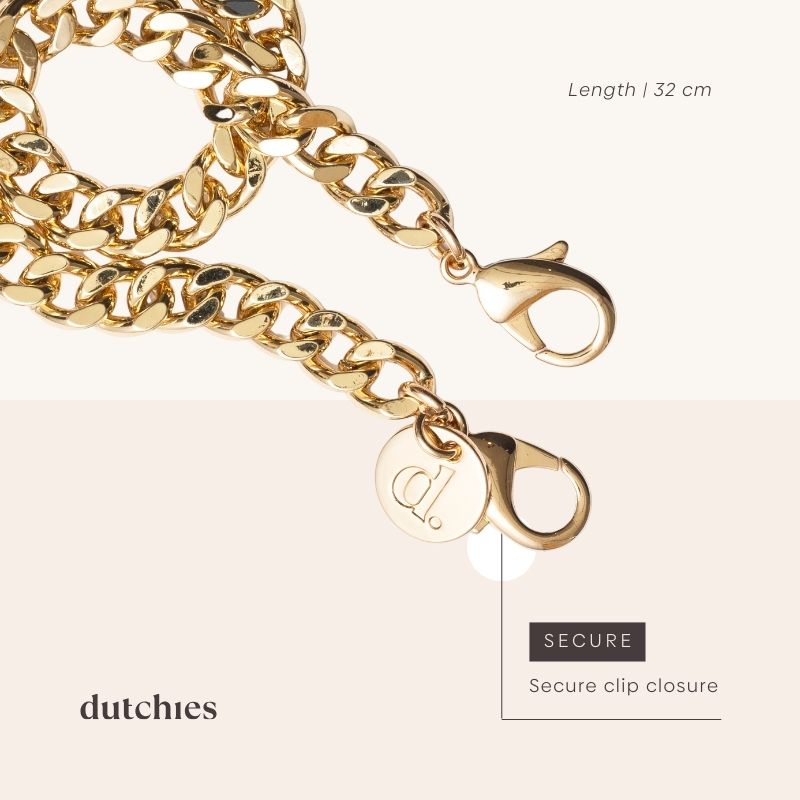 Phone Charm | Gold | French - Elegant gold chain with secure clip closure, 32 cm long, perfect for adding style to your phone.