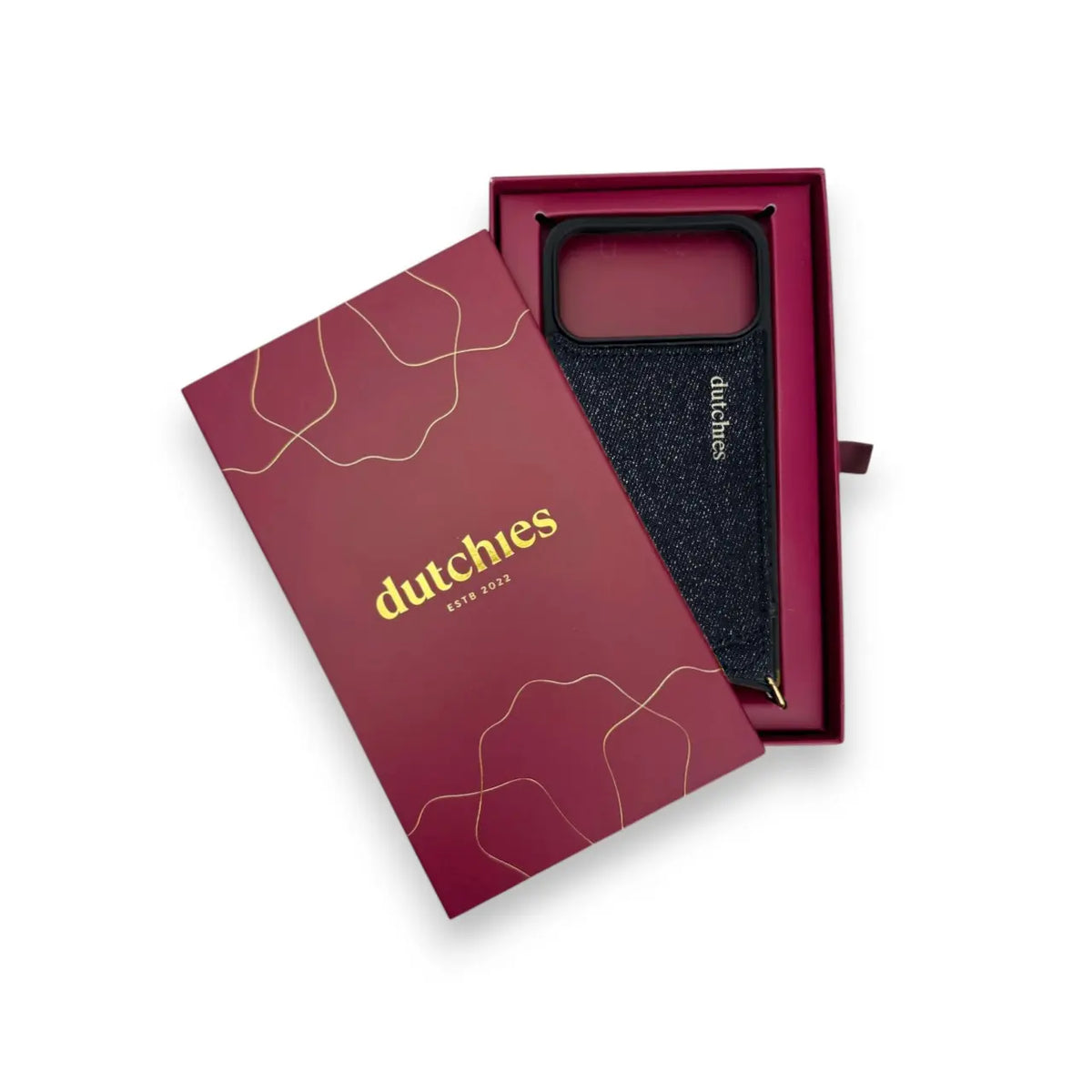 iPhone Case | Denim Glitter in elegant packaging with Dutchies logo and sparkling design.