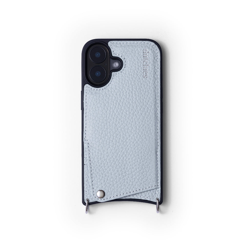 A light blue iPhone case made of genuine leather, with metal finishes and a cardholder, designed to protect the phone and add style.