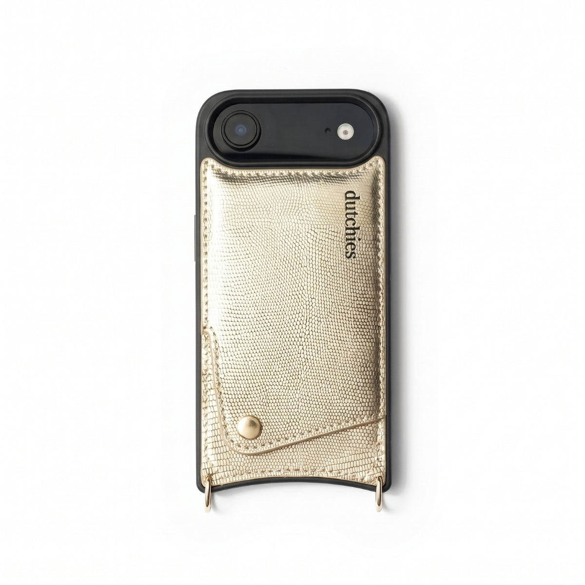 iPhone Case | Goldy in gold leather with cardholder, showcasing premium materials and stylish design.