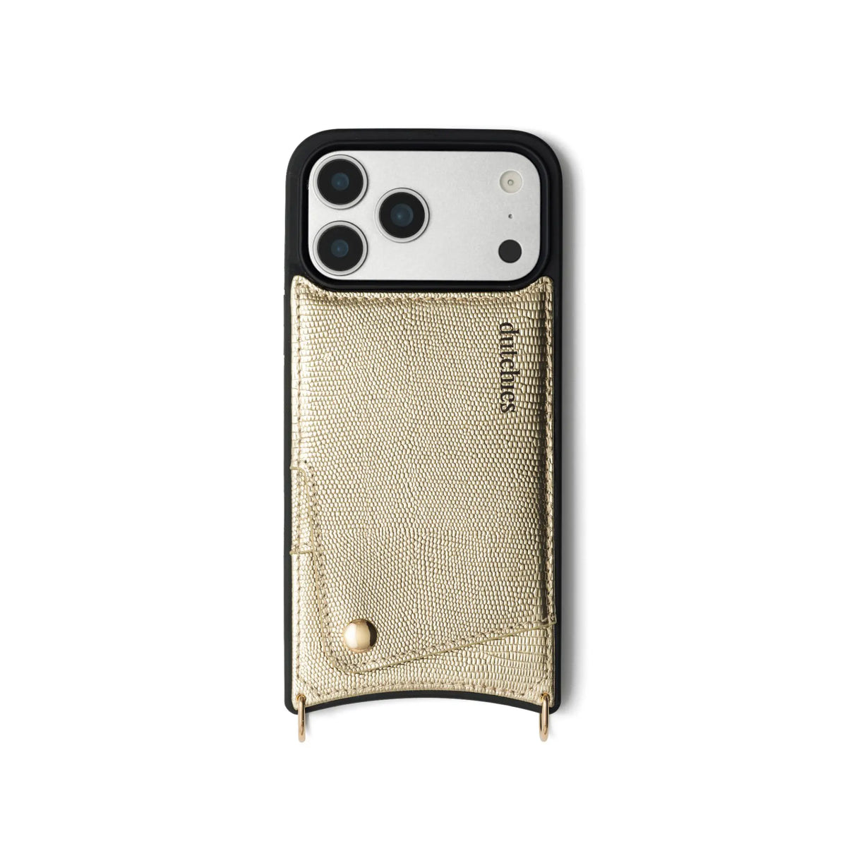 iPhone Case | Goldy in gold leather with cardholder, showcasing premium materials and stylish design.