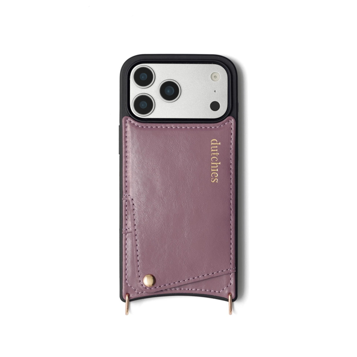 iPhone Case | Mauve with cardholder and dual rings for strap attachment, handcrafted from genuine leather.