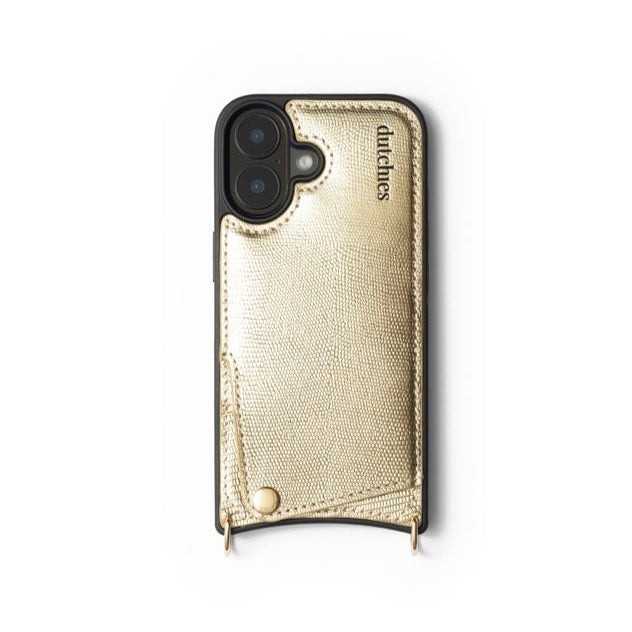 Custodia per telefono iPhone | Goldy in elegante pelle dorata con portacarte e dettagli in metallo di Dutchies.