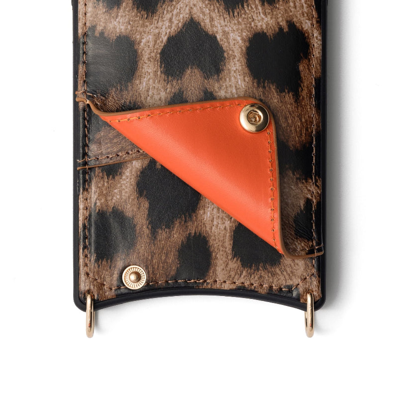 iPhone Case | Leopard showing orange cardholder detail and stylish leopard print design.