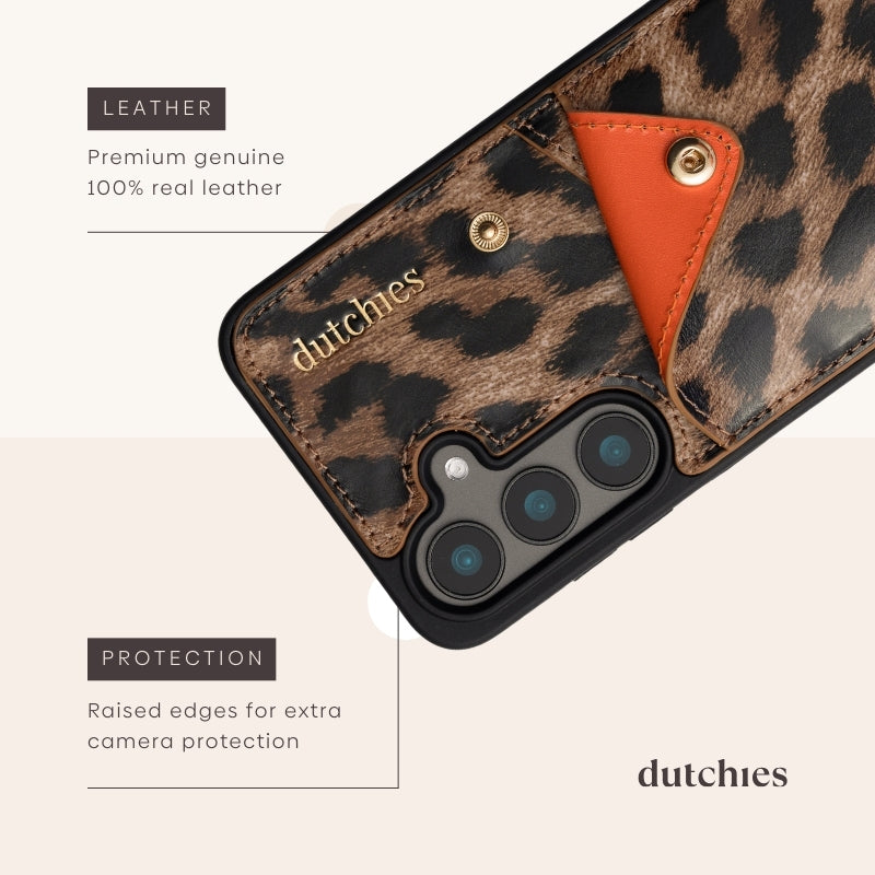 Samsung Case | Leopard showcasing premium genuine leather and raised edges for camera protection.