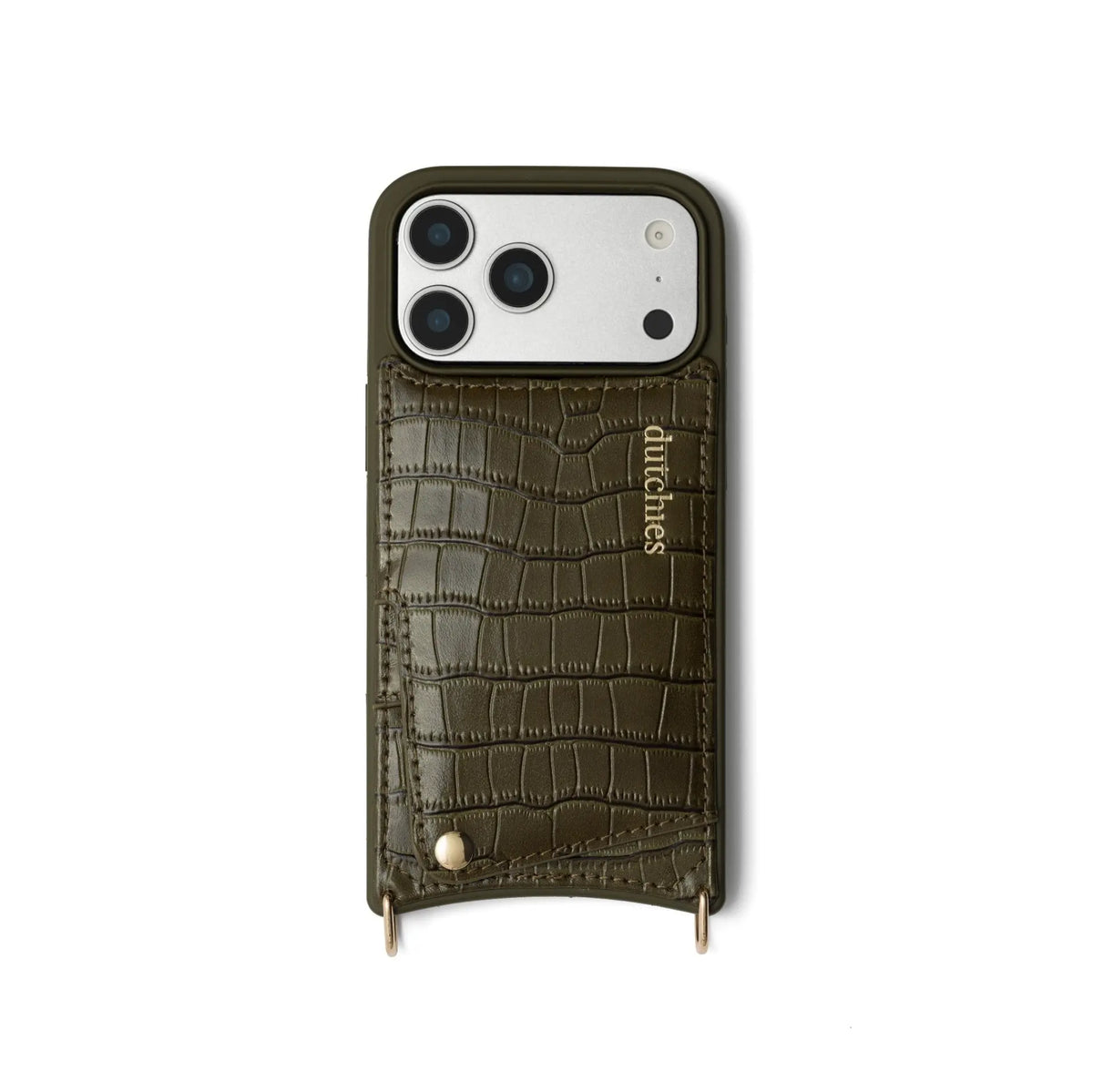 iPhone Case | Olive Green showcasing a leather cardholder for essentials and stylish protection.