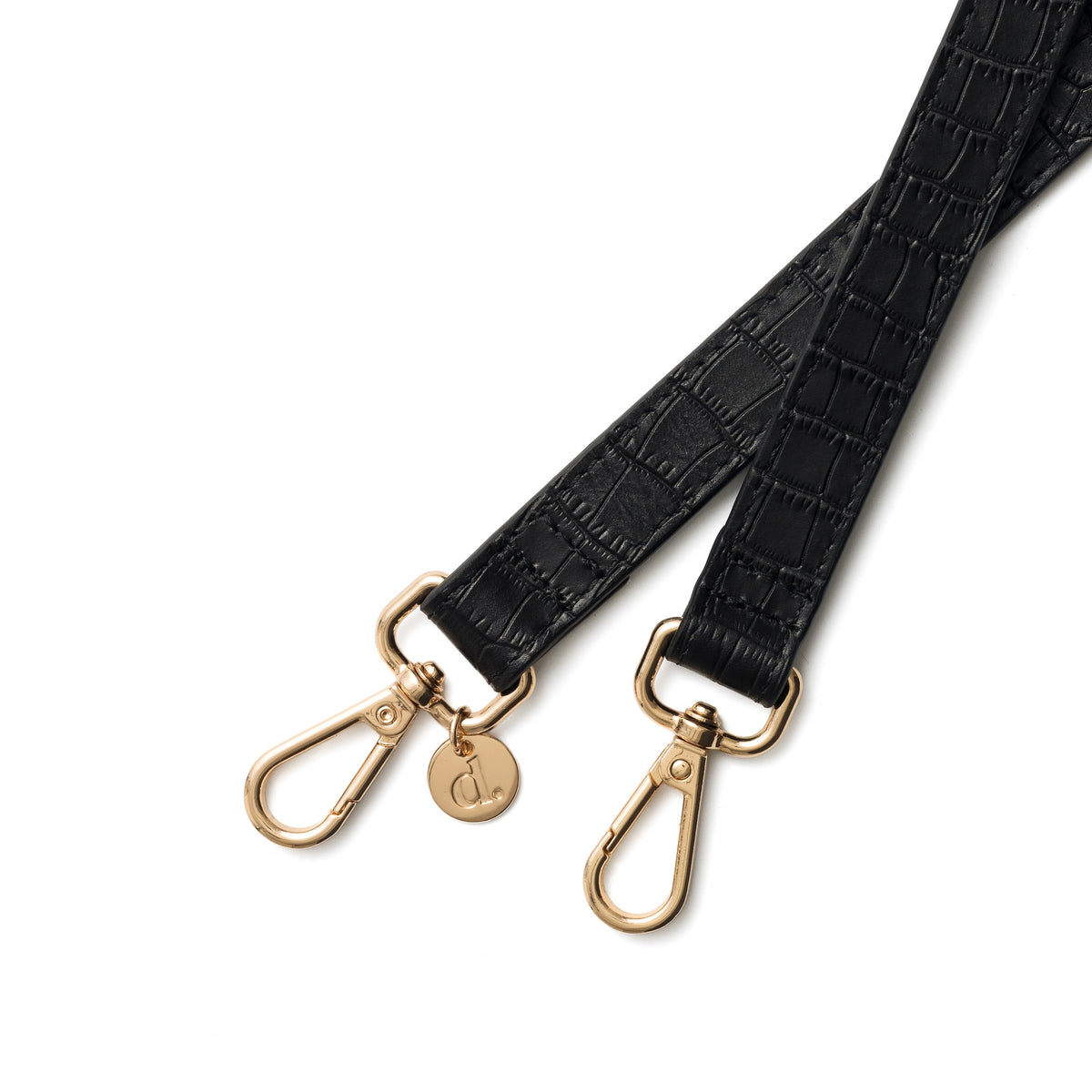 Phone Strap | Slimline 2 cm | Noir - Luxurious black leather strap with gold clips, perfect for a stylish accessory.