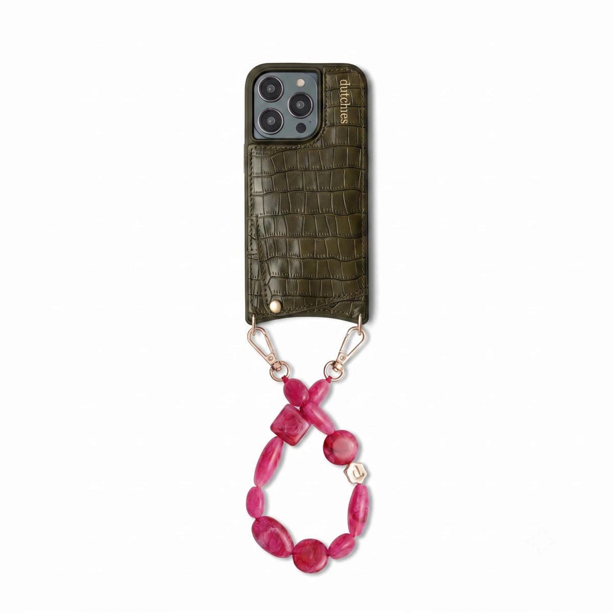 Phone Charm | Beaded | Trudy in pink, attached to a green phone case, showcasing style and functionality.