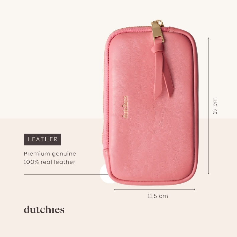 Phone Bag Rose | Pink - Handmade leather phone pouch dimensions 19 cm x 11.5 cm, made from premium genuine leather.