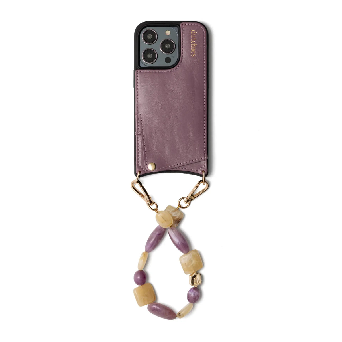 Phone Charm | Beaded | Annie - purple beaded phone charm attached to chic phone case.