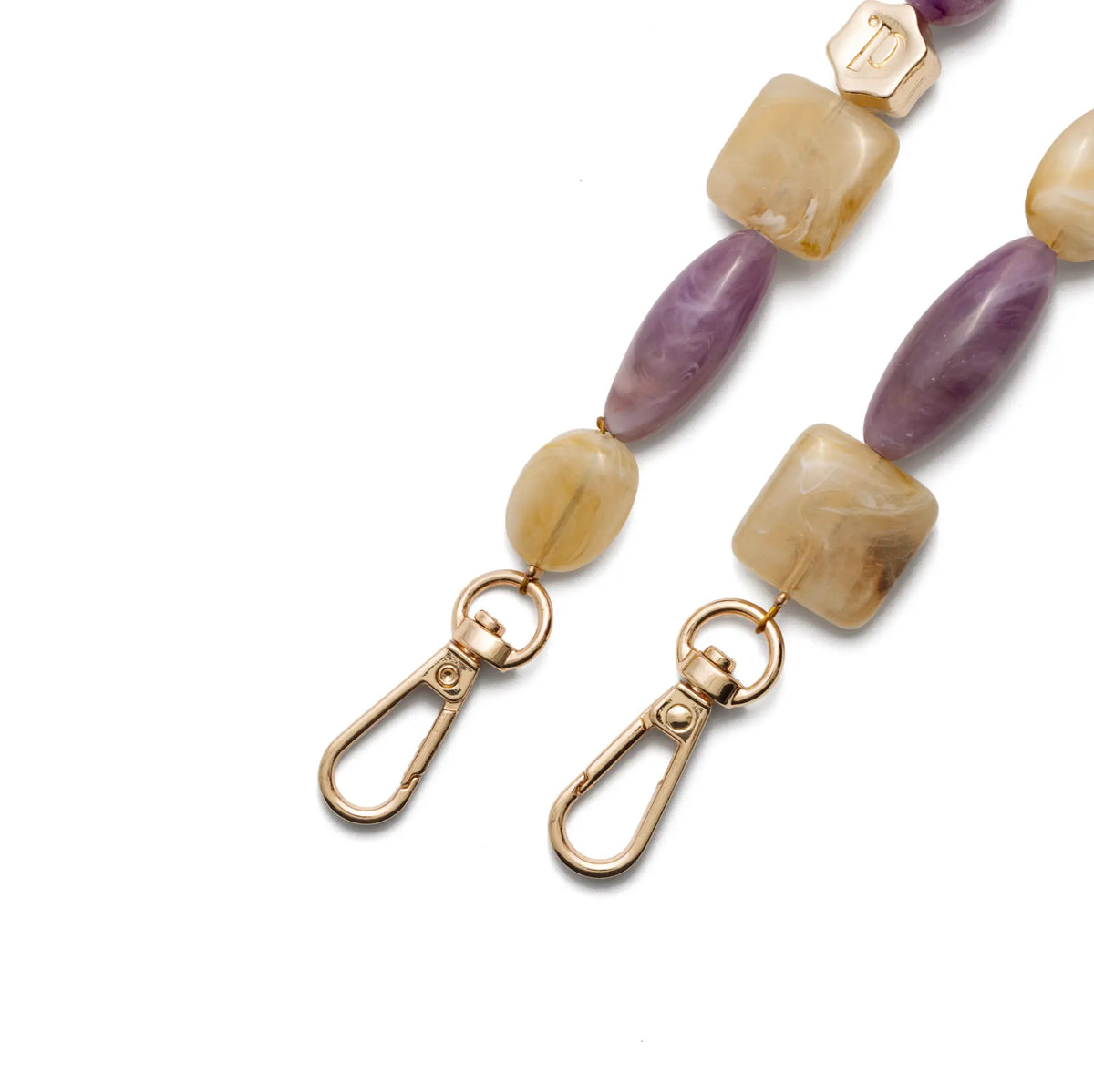 Phone Charm | Beaded | Annie showing the beautiful purple and gold bead design with clips.