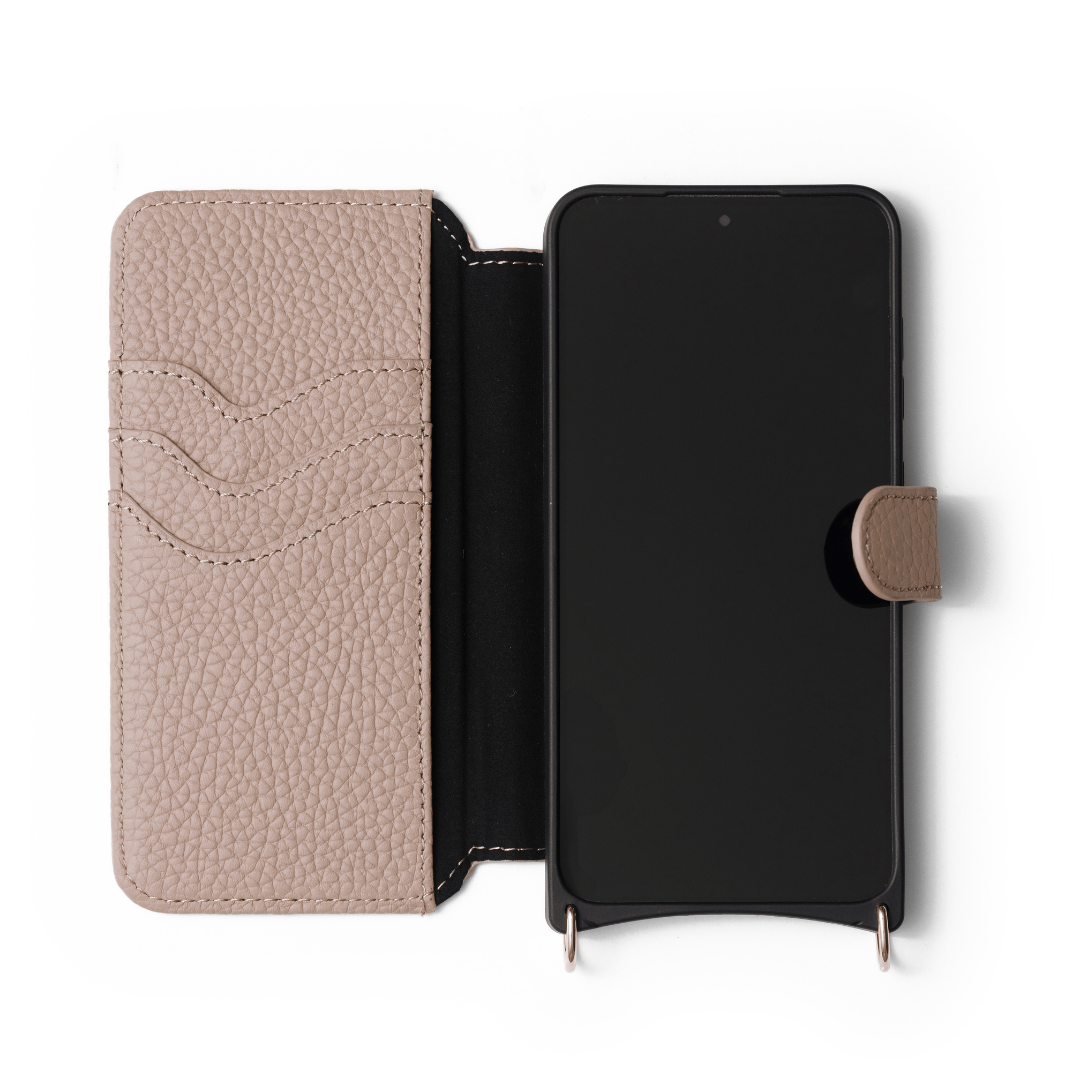 Samsung Etui | Beige, vollständige Lederhülle, MagSafe-kompatibel, mit Kartenfächern und Druckverschluss.