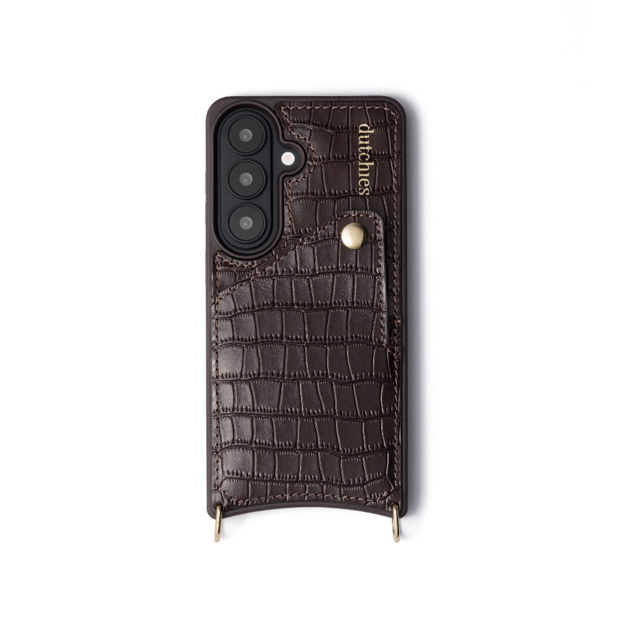 Samsung-cover | Chocolate Brown lavet af ægte læder med kortholder og lukning med trykknap.