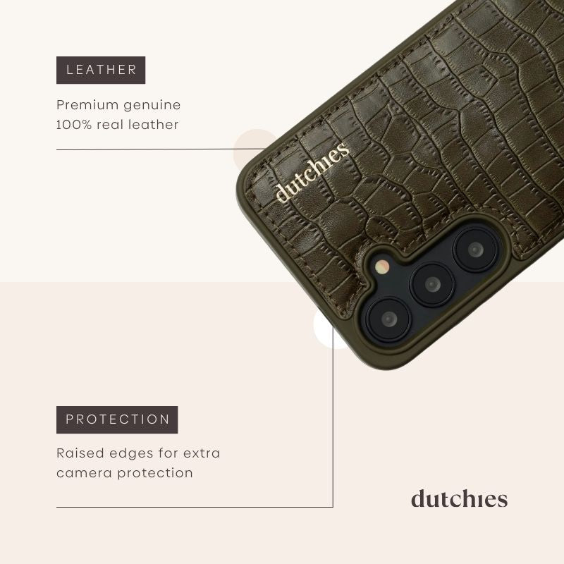 Nahaufnahme der Samsung-Hülle | Olivgrün, aus echtem Leder gefertigt, mit erhöhten Rändern für zusätzlichen Kameraschutz.