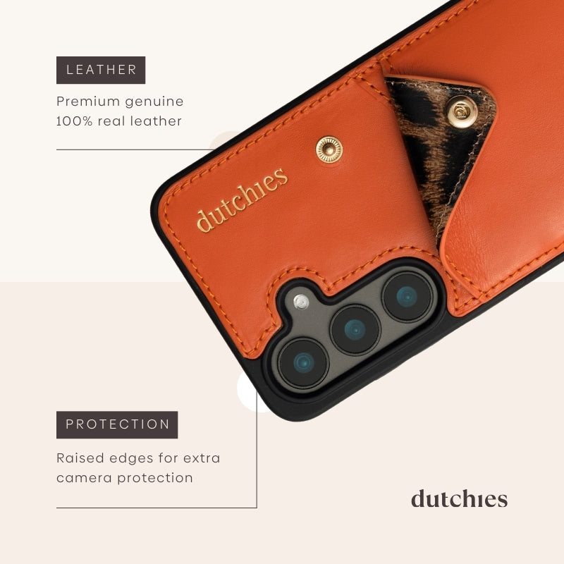 Custodia Samsung | Orange con pelle autentica premium al 100% e bordi rialzati per una protezione extra della fotocamera.