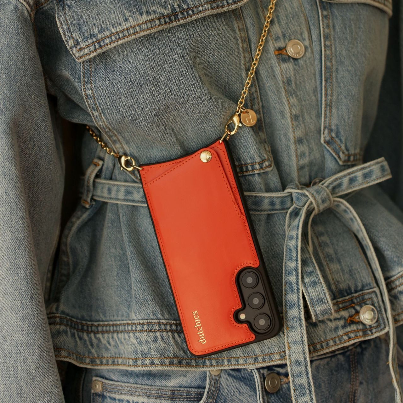 Spanish Chain Set | Samsung | Orange with handsfree phone case in trendy orange leather and chain.