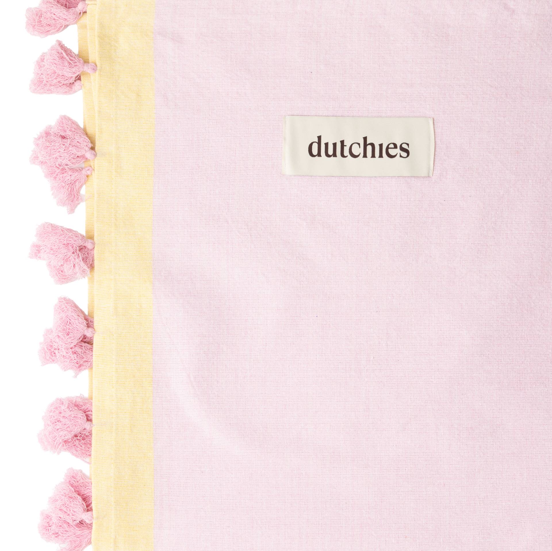 Hamam towels in pink with yellow trim and tassels, perfect for your beach bag this summer!
