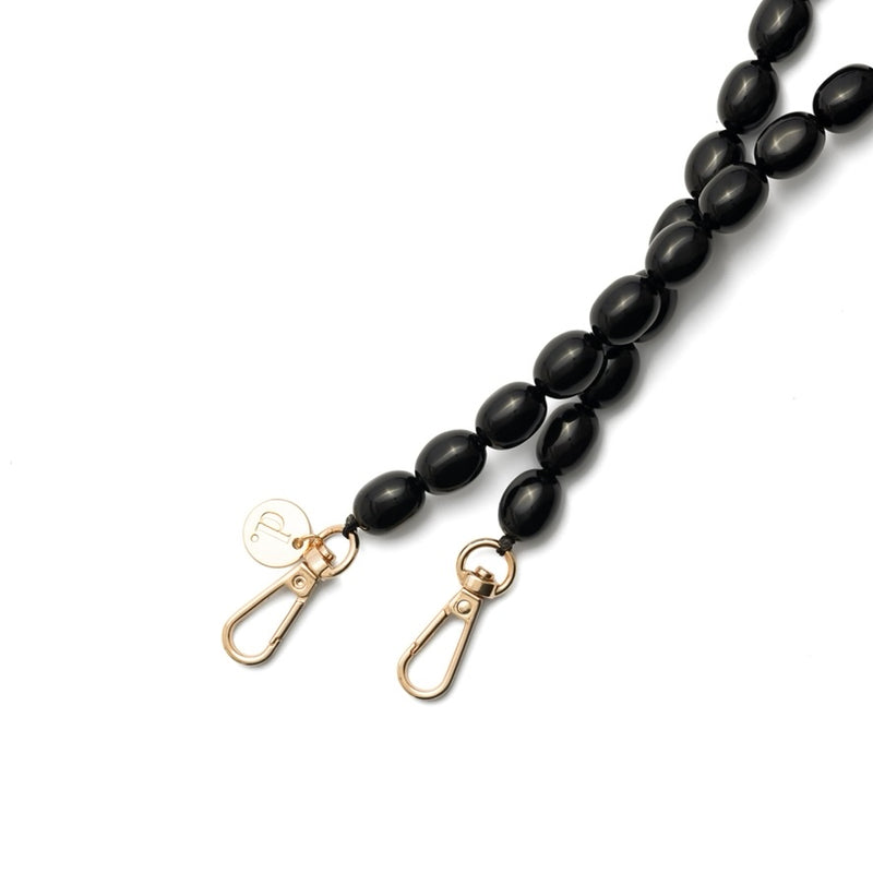 Phone Chain | Beaded | Louise - Black Crossbody Phone Chain with gold clasps and elegant black beads.